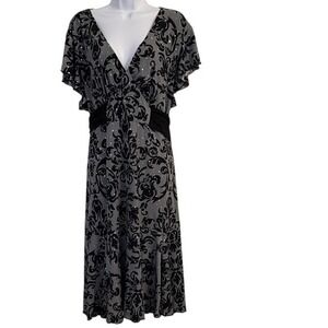 Cato Woman Black Gray Damask Print Glitter Flutter Sleeve Midi Dress 22/24W